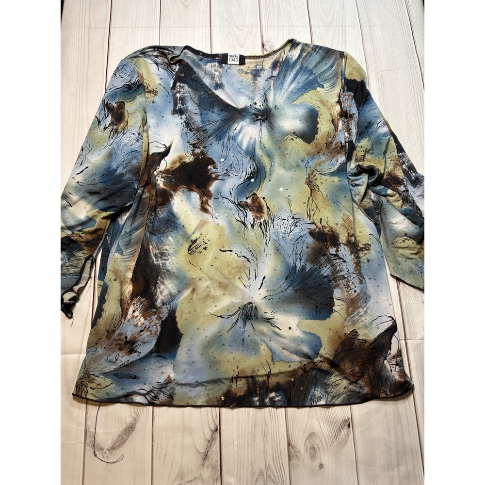 Studio 1940 Womens Sequins V Neck Blouse Blue Olive Watercolor XL